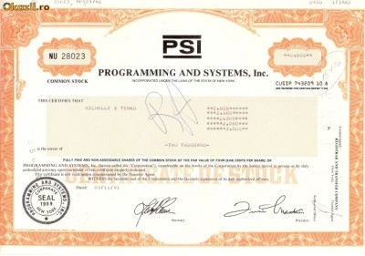 716 Actiuni -Programming and Systems, Inc. -seria NU 28023 foto