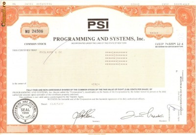 719 Actiuni -Programming and Systems, Inc. -seria NU 24506 foto