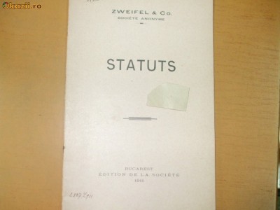 Zweifel &amp;amp;amp; Co. Statuts Bucarest 1911 foto