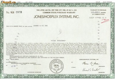 732 Actiuni -JONES/HOSPLEX SYSTEMS, INC. -seria WJH 0978 foto