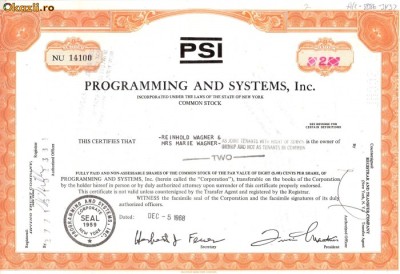 721 Actiuni -Programming and Systems, Inc. -seria NU 14100 foto