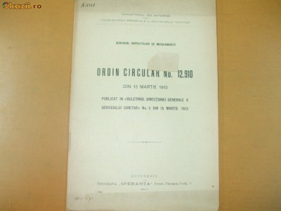 Serv. Dep. Medicamente Ordin Circular 12 910 Buc. 1913 foto