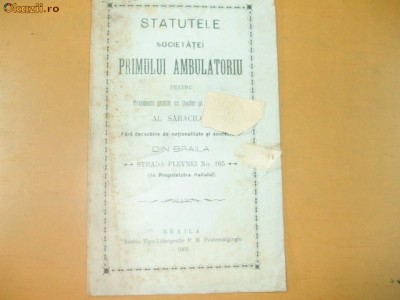 Statute Soc. Prim Ambulatoriu pt tratament Braila 1903 foto
