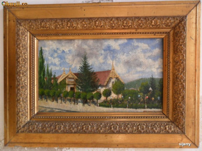 Gara Bistrita 1901 , pictura veche in ulei pe panza foto