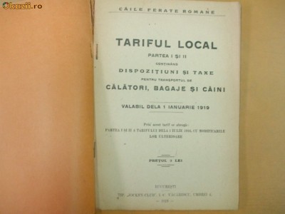 CFR Tarif local calatori, bagaje, caini Buc. 1919 foto