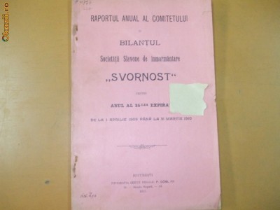 Raport anual Soc. slavona inmormantare Buc. 1910 foto