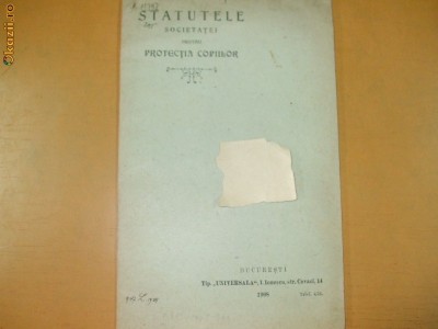 Statute Soc.pentru Protectia copiilor Buc. 1908 foto