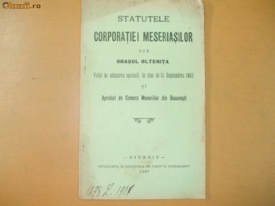 Statute Corporatie meseriasi Oltenita Giurgiu 1907 foto