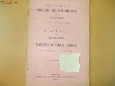 Statute Soc. breslei franzelarilor Bucuresci 1894 foto