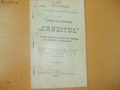 Statute Soc. credit ,,Creditul&amp;quot; Mehedinti T. Severin 1904 foto