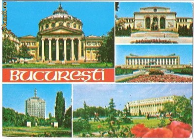 CP188-09 Bucuresti. Ateneul, Televiziunea, Opera, Palatul sporturilor... -carte postala necirculata foto