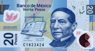 MEXIC █ bancnota █ 20 Pesos █ 2006 █ P-122a █ SERIE A █ POLIMER UNC necirculata foto