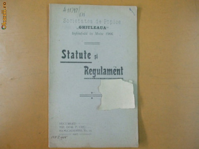 Statute Soc. de popice ,,Ghiuleaua&amp;quot; Buc. 1907 foto