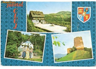 CP193-15 Judetul Cluj: Poieni, Cabana Valea Draganului: Calatele, Cabana Ardeleana; Poieni, Cetatea Bologa(stema) -carte postala circulata 1978 foto