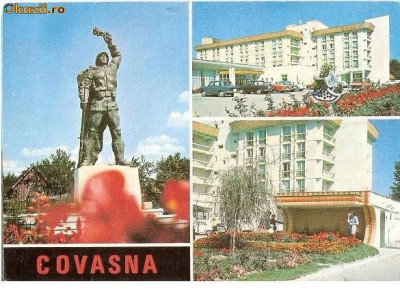 CP193-43 Covasna; Ostasul roman; Hotelul ,,Covasna&amp;quot;; Izvoarele minerale -carte postala circulata1985 foto