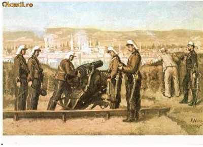 CP194-63 ,,Baterie de artilerie la Calafat&amp;quot; de Sava Hentia -Muzeul National de Istorie -carte postala necirculata foto