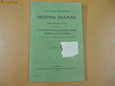 Statut Soc. ajutor ,,Despina Doamna&amp;quot; Buc. 1910 foto