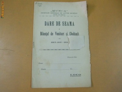 Dare de seama Soc. ajutor ,,Munca&amp;quot; 1906 foto