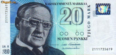 FINLANDA █ bancnota █ 20 Markaa █ 1993 (1997) █ P-123 █ UNC █ necirculata foto