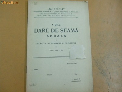 Dare de seama Soc. ajutor ,,Munca&amp;quot; Bucuresti 1911 foto