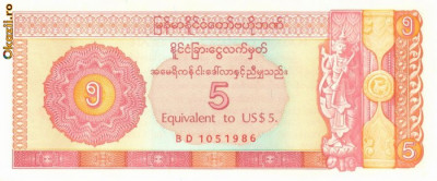 MYANMAR █ BURMA █ bancnota █ 5 FEC Dollars █ 1993 █ P-FX2 █ UNC █ necirculata foto