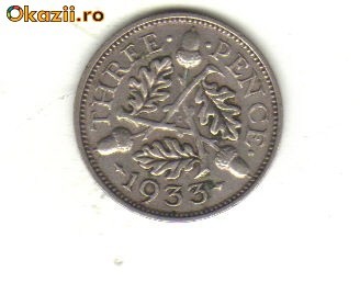 bnk mnd Anglia Marea Britanie 3 pence 1933 argint foto