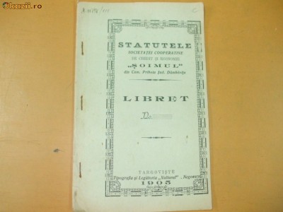 Statute Soc. credit ,,Soimul&amp;quot; Priboiu Dambovita 1905 foto