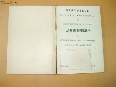 Statutele societăței cooperative &amp;Icirc;nvierea din Odobești, D&amp;acirc;mbovița, 1905, 1L1S foto