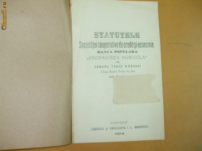 Statute Soc. economie ,,Propasirea Agricola&amp;quot; Dorohoi 1904 foto