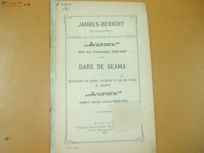 Dare de seama Soc. ajutor ,,Aurora&amp;quot; Buc. 1909 foto
