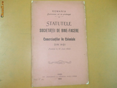 Statute Soc. ajutor comercianti coloniale Iasi 1906 foto