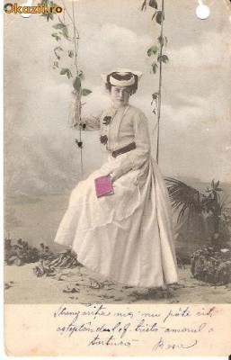 T FOTO 18 Romantica -Tanara in leagan -Strengarita... amorul o tortura -circulata de la Bacau la Braila 1903 -catre Irina Petridis foto