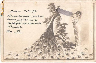 T FOTO 92 Romantica -Tanara cu paun -circulata in Galati 1914 ? - Mos Tica, catre Domnisoara Elise Kiriacopol, str. Bell-Vedere 20 foto