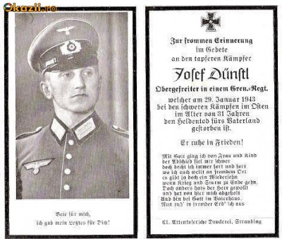 U FOTO 100 Necrolog -Militar german Obergefreiter Josef Dunstl (aviatie?), cazut in razboi, 29 ian 1943, la varsta de 31 de ani -crucea cu zvastica foto