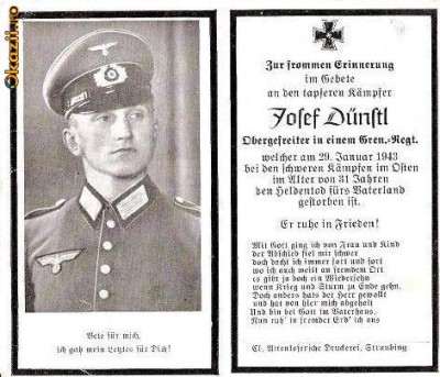 U FOTO 86 Necrolog -Militar german Obergefreiter Josef Dunstl (aviatie?), cazut in razboi, 29 ian 1943, la varsta de 31 de ani -crucea cu zvastica foto