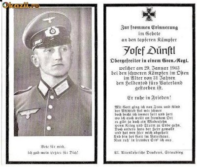 U FOTO 94 Necrolog -Militar german Obergefreiter Josef Dunstl (aviatie?), cazut in razboi, 29 ian 1943, la varsta de 31 de ani -crucea cu zvastica foto
