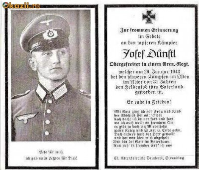 U FOTO 92 Necrolog -Militar german Obergefreiter Josef Dunstl (aviatie?), cazut in razboi, 29 ian 1943, la varsta de 31 de ani -crucea cu zvastica foto