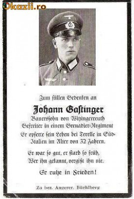 V FOTO 19 Necrolog -Militar german Gefreiter Johann Gastinger , cazut in razboi, la varsta de 32 ani foto