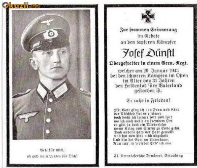 U FOTO 96 Necrolog -Militar german Obergefreiter Josef Dunstl (aviatie?), cazut in razboi, 29 ian 1943, la varsta de 31 de ani -crucea cu zvastica foto