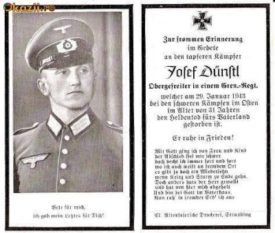 U FOTO 95 Necrolog -Militar german Obergefreiter Josef Dunstl (aviatie?), cazut in razboi, 29 ian 1943, la varsta de 31 de ani -crucea cu zvastica foto