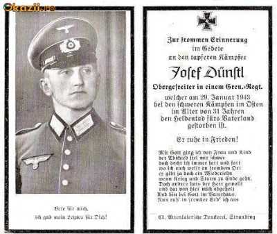 U FOTO 93 Necrolog -Militar german Obergefreiter Josef Dunstl (aviatie?), cazut in razboi, 29 ian 1943, la varsta de 31 de ani -crucea cu zvastica foto