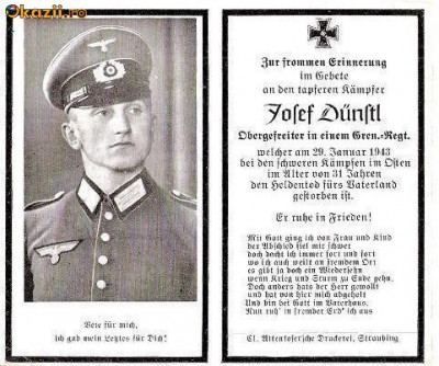 U FOTO 97 Necrolog -Militar german Obergefreiter Josef Dunstl (aviatie?), cazut in razboi, 29 ian 1943, la varsta de 31 de ani -crucea cu zvastica foto