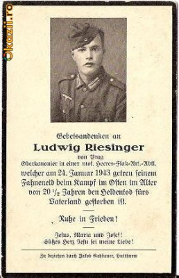V FOTO 06 Necrolog -Militar german Oberkanonier Ludwig Riesinger, cazut in razboi, 24 ian 1943, la varsta de 20 de ani si jumatate foto