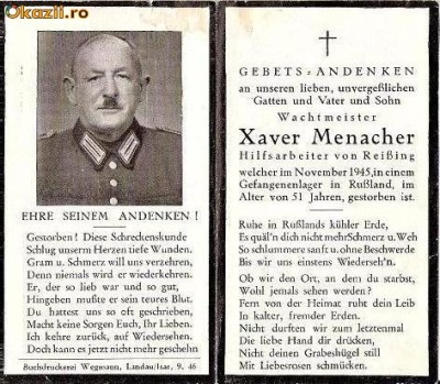 U FOTO 85 Necrolog -Militar german gradul Wachtmeister(sergent major) Xaver Menacher, cazut in razboi, noiembrie 1945, la varsta de 51 de ani foto