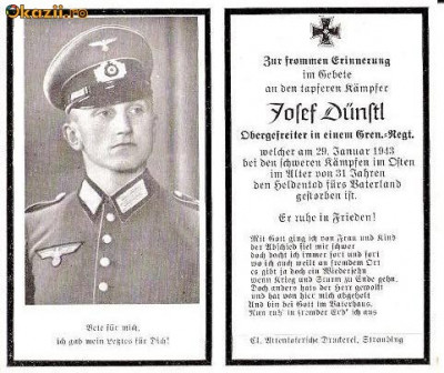 U FOTO 98 Necrolog -Militar german Obergefreiter Josef Dunstl (aviatie?), cazut in razboi, 29 ian 1943, la varsta de 31 de ani -crucea cu zvastica foto