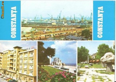 CP195-72 Constanta: Portul; Hotel Continental(azi demolat); Cazinoul;Parcul arheologic - carte postala, necirculata -starea care se vede foto