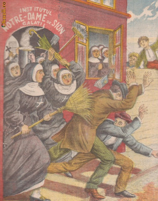 Ziarul Veselia : scandalul de la Scoala de calugarite Notre-Dame -1904,gravura foto