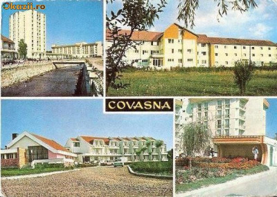 CP201-03 Covasna: Hotelul ,,Cerbu&amp;quot; si Hotelul ,,Covasna&amp;quot;; Spitalul cardiologic; ... -carte postala, necirculata -starea care se vede foto
