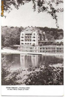CP203-90 Ocna Sibiului -Pavilionul bailor cu lacul Horia, Closca si Crisan -RPR -carte postala, circulata 1959 -starea care se vede foto