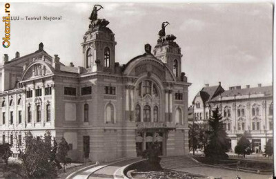 CP204-20 Cluj -Teatrul National -RPR -carte postala, circulata 1959 ? -in text: ,,sunt un magar si necrescut&amp;quot; !!!! -starea care se vede foto